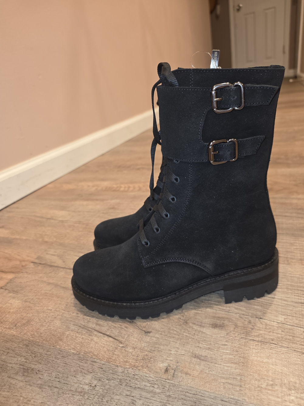 La CANADIENNE Black Suede Lace-Up Combat Boots with Buckle Straps
